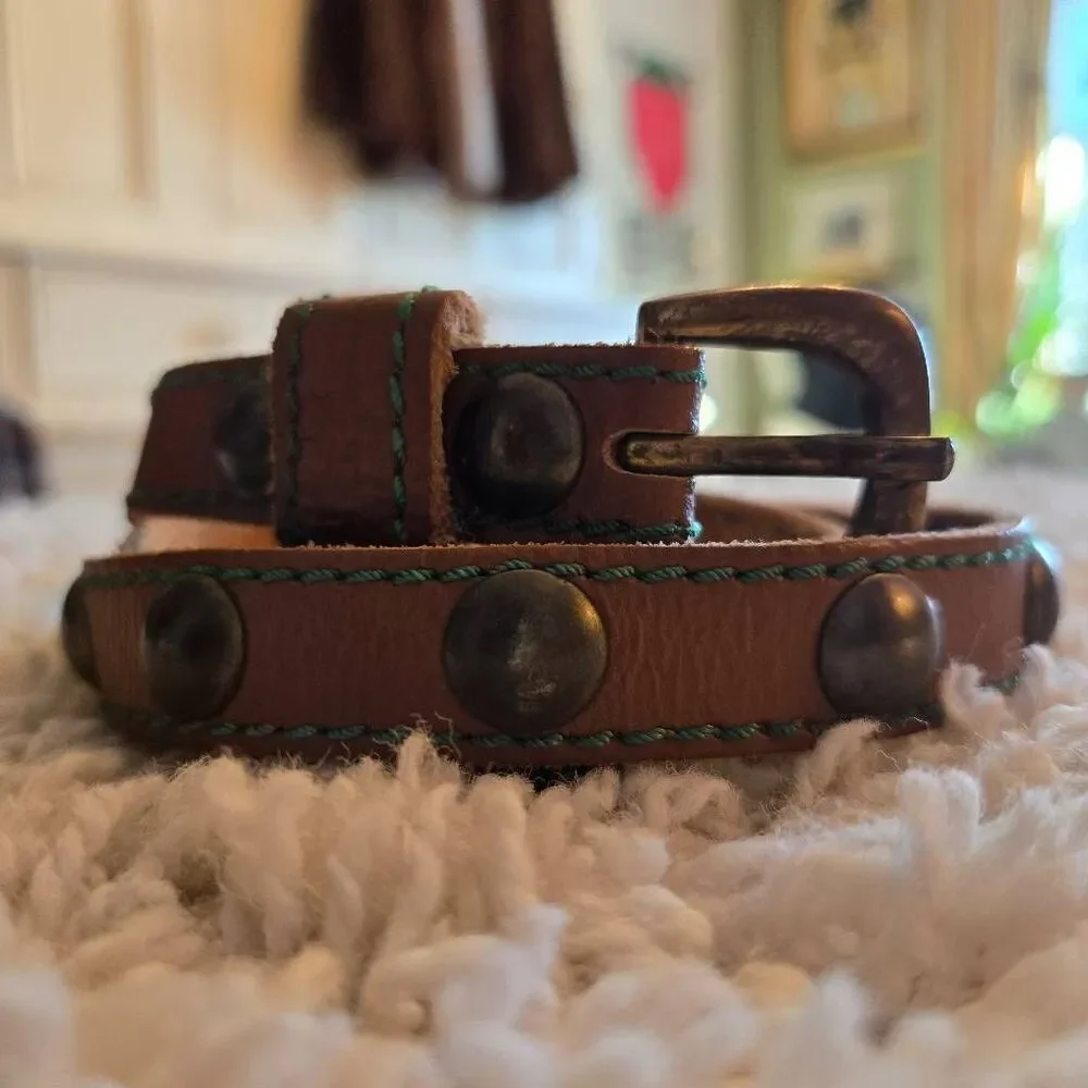 Vintage Leather Skinny Belt Big Rivets Brown Large